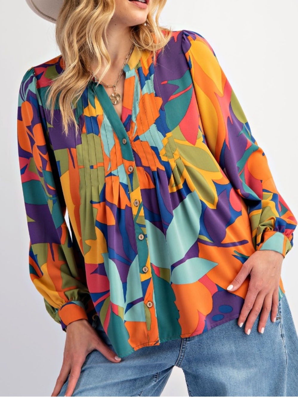 T198 Easel Pleated Multicolor Leaf Floral Print Pleated Button Down